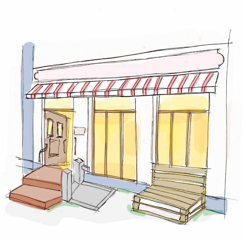 Skizze eines Hauseingangs mit Ladenlokal